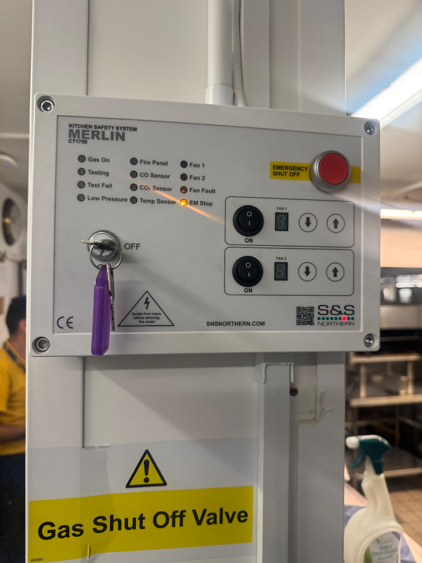 Merlin CT1750 gas interlock control panel installed in a commercial kitchen