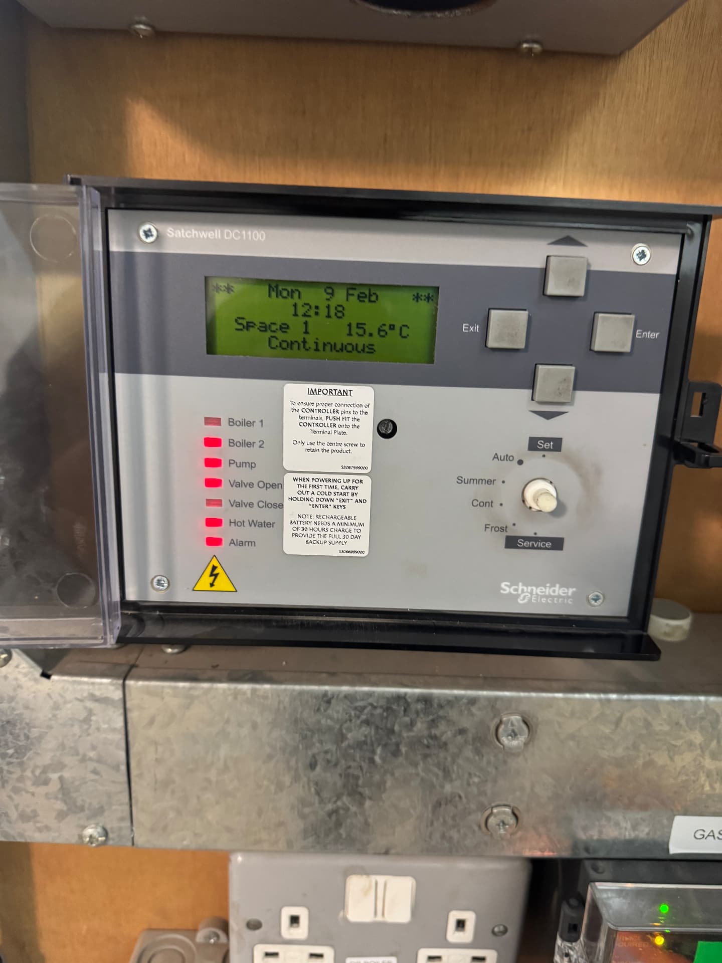Satchwell DC1100 boiler plant controller checked during a plant room visit