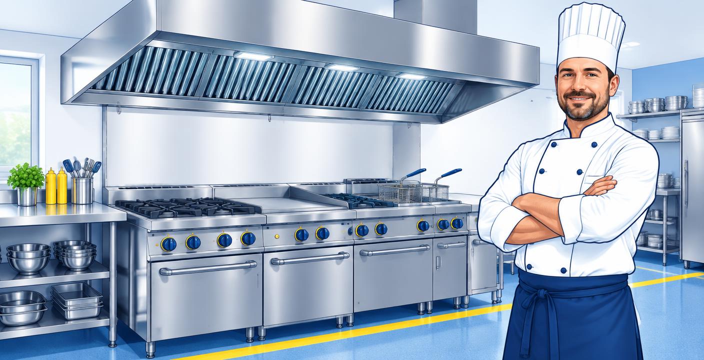 Chef beside a safe commercial kitchen extraction system