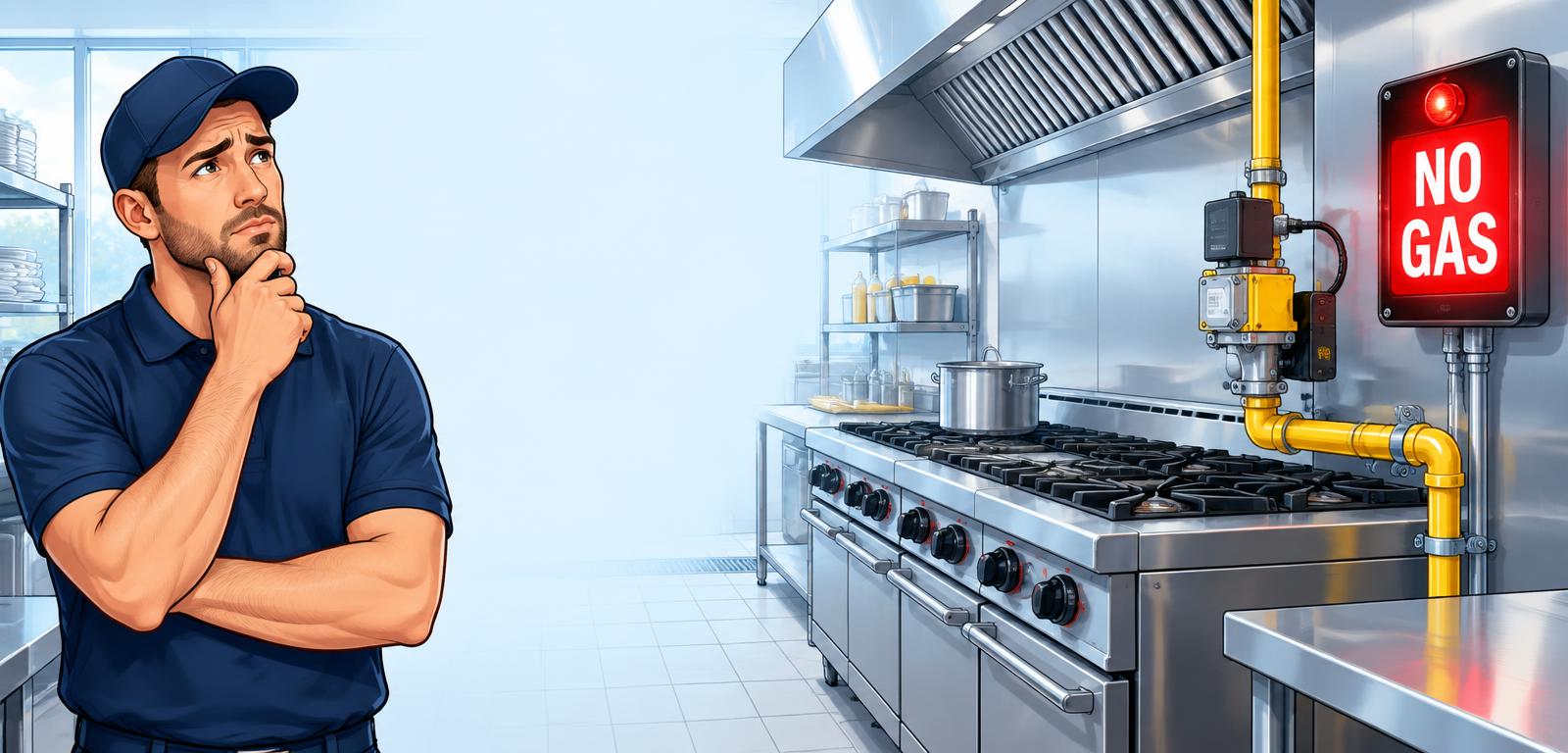 Engineer diagnosing a commercial kitchen gas interlock fault